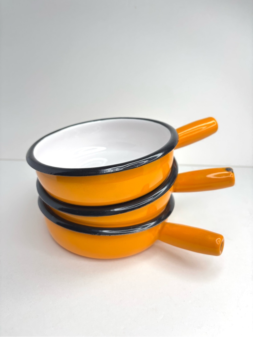 Vintage MCM AUBECQ France Orange Enameled 5” Omelet Skillet or Saucepan Set of 3
